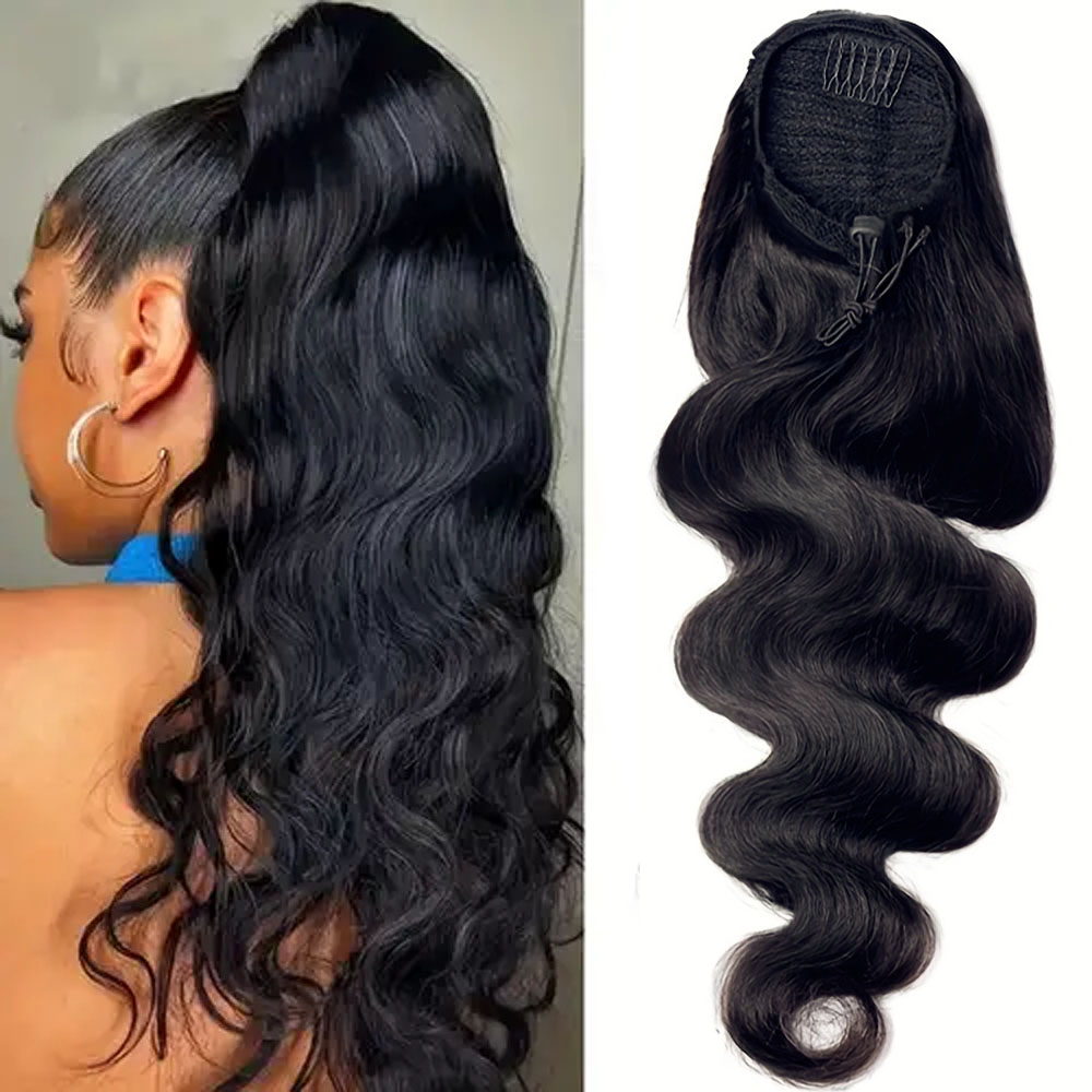 Onda do corpo cordão rabo de cavalo extensões de cabelo humano 100% cabelo humano real brasileiro remy clipe para mulheres rabo de cavalo cor natural