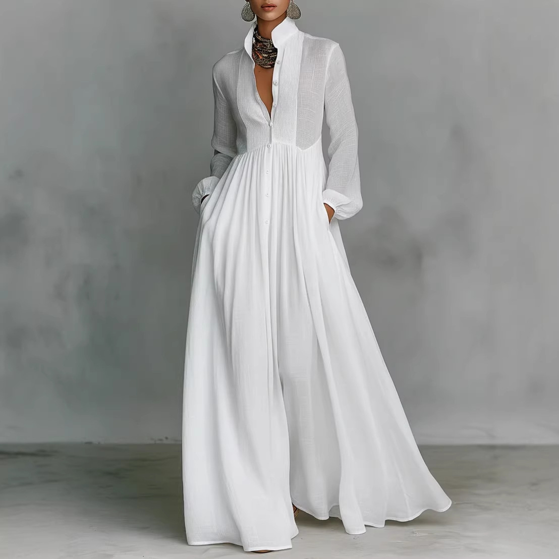 Böhmisches Stehkragen-Knopf-Maxikleid Elegantes Hochgeschnittenes Einfarbiges Partykleid Frühling Langarm Locker Sitzende Freizeitkleider