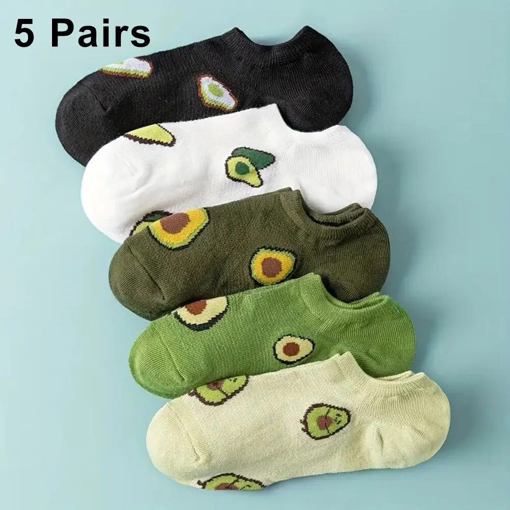 5 pares de calcetines tobilleros de aguacate con dibujos animados, moda fresca, transpirables, cómodos Kawaii para verano y otoño, calcetines náuticos de corte bajo para mujer