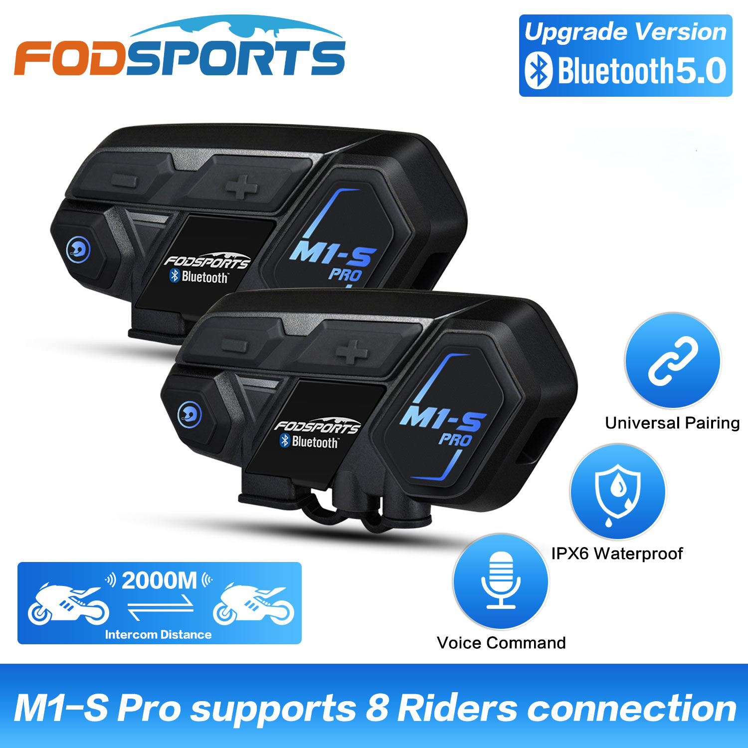 Fodsports M1-S Pro Motorradhelm-Gegensprechanlage 2000 m kabelloses Bluetooth-Headset Intercomunicador Moto 8 Fahrer-Kopfhörer