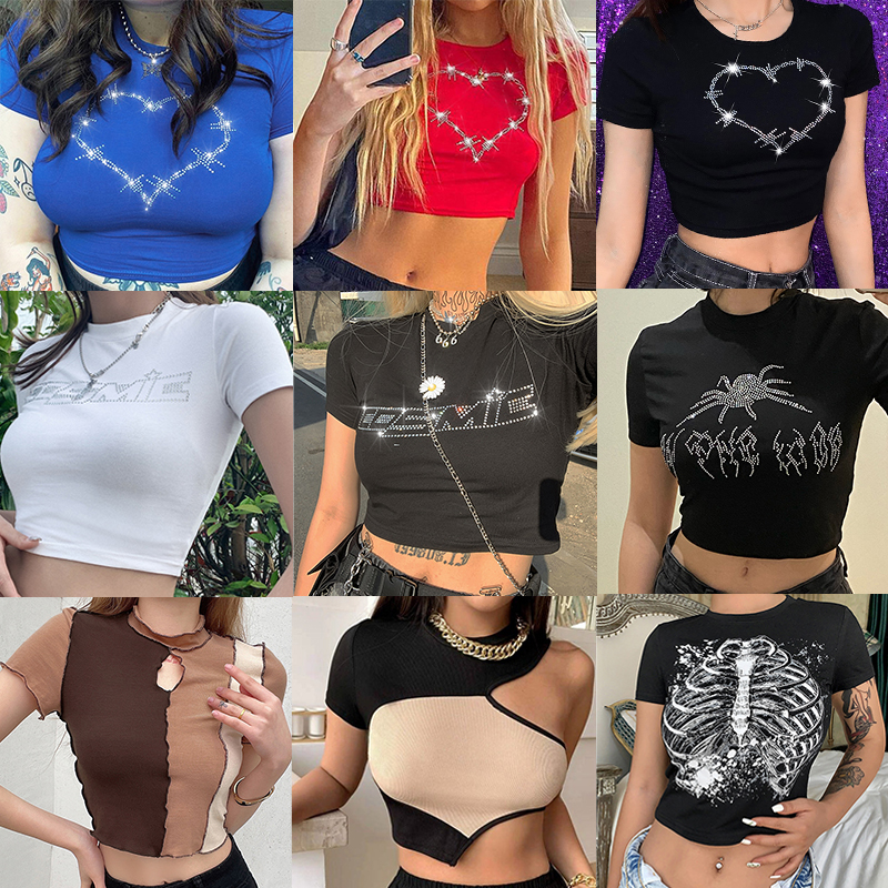 2022 Punk Vintage Rhinestones Goth Graphic Crop Tops Women Gothic Tank Top Y2K Harajuku O-neck Black Vest Streetwear 90s Clothes