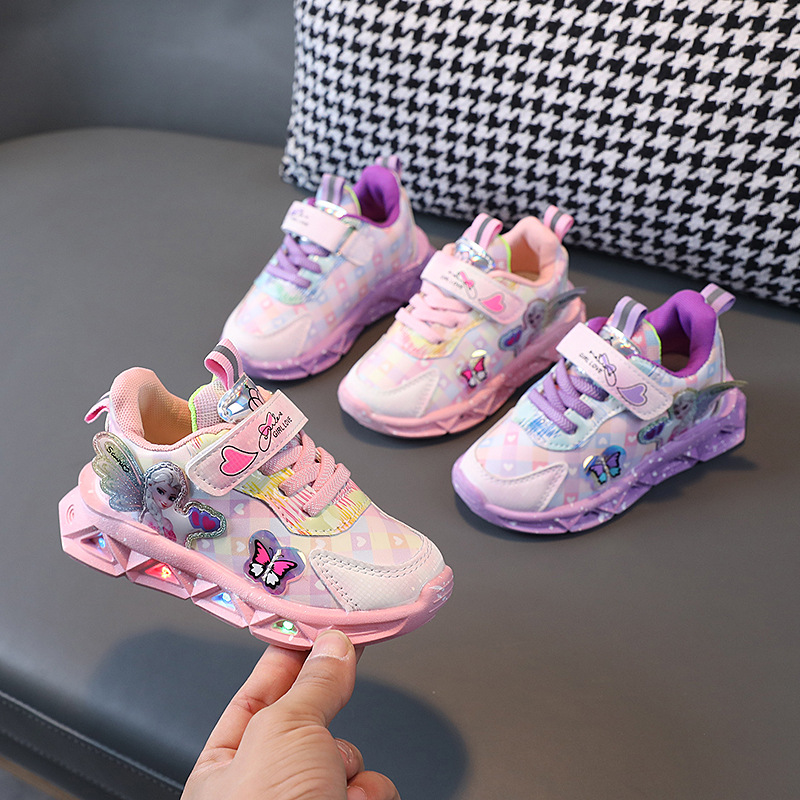 Disney led tênis casuais para primavera meninas congelado elsa princesa impressão sapatos de couro do plutônio crianças iluminado antiderrapante rosa roxo