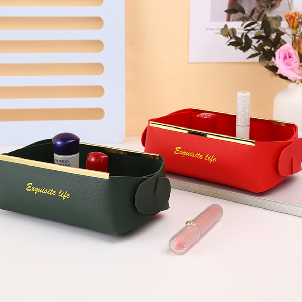 Caixa de Armazenamento de Mesa em Couro Nórdico PU Dobrável, Cesto de Compras, Bandeja para Dados Doméstica, Organizador de Cosméticos e Moedas, Prato Decorativo