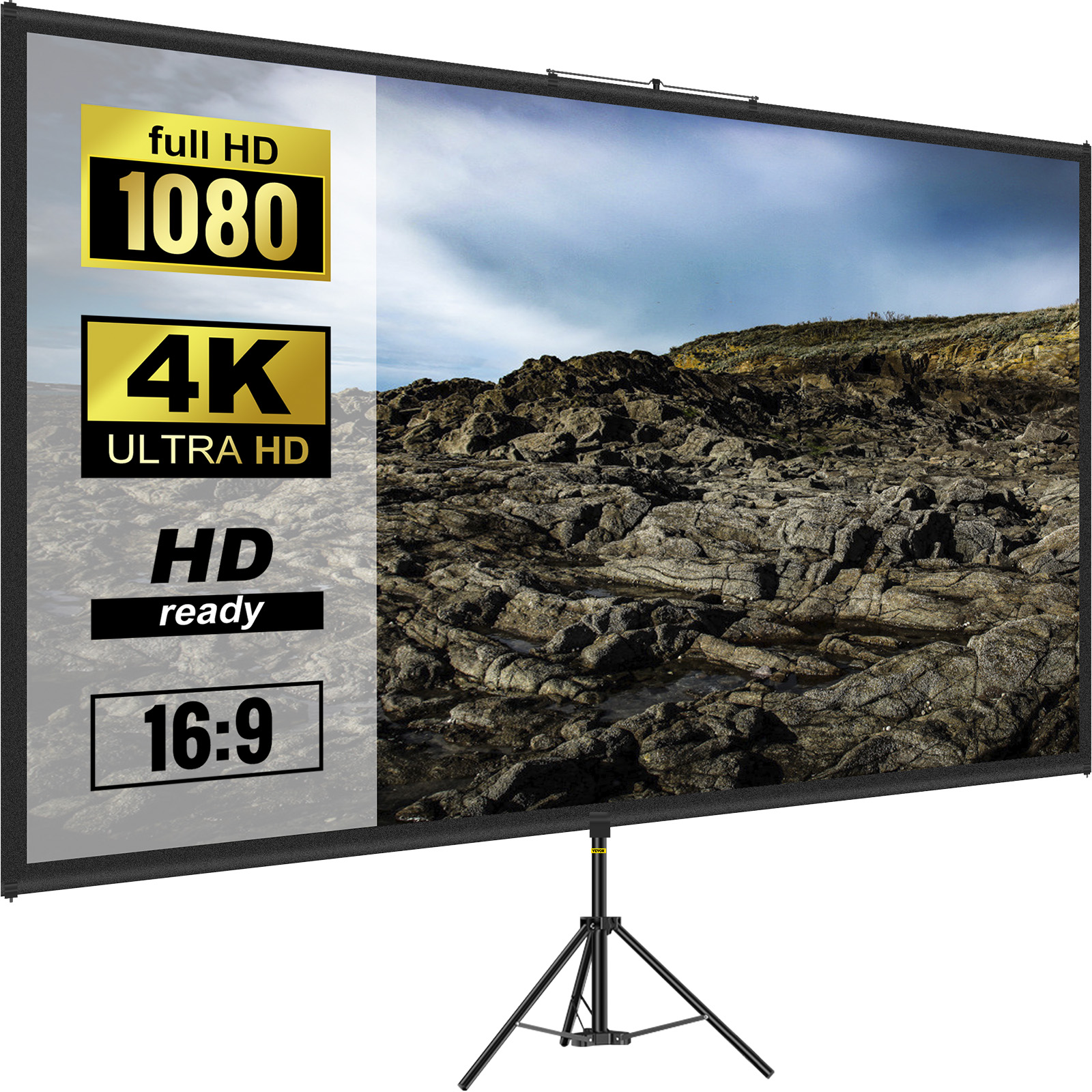 SucceBuy Pantalla de proyector con trípode de 100 pulgadas con soporte 16:9 4K HD Proyección portátil Cine en casa para proyección interior y exterior