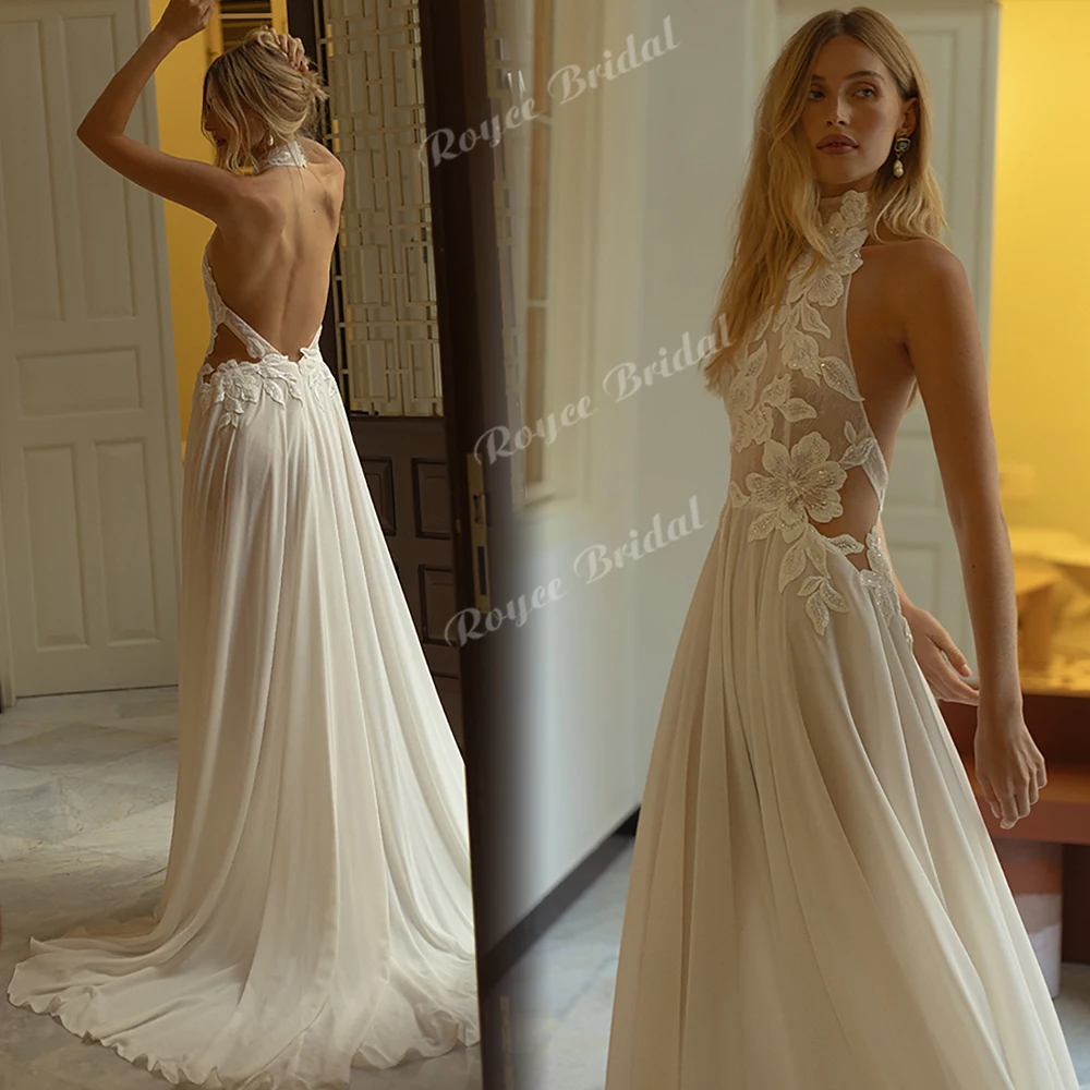 Halter Simple Flowers Appliqued Chiffon A Line Wedding Dress 2026 Backless Customized Beach Bridal Gown Custom Vestido De Novia