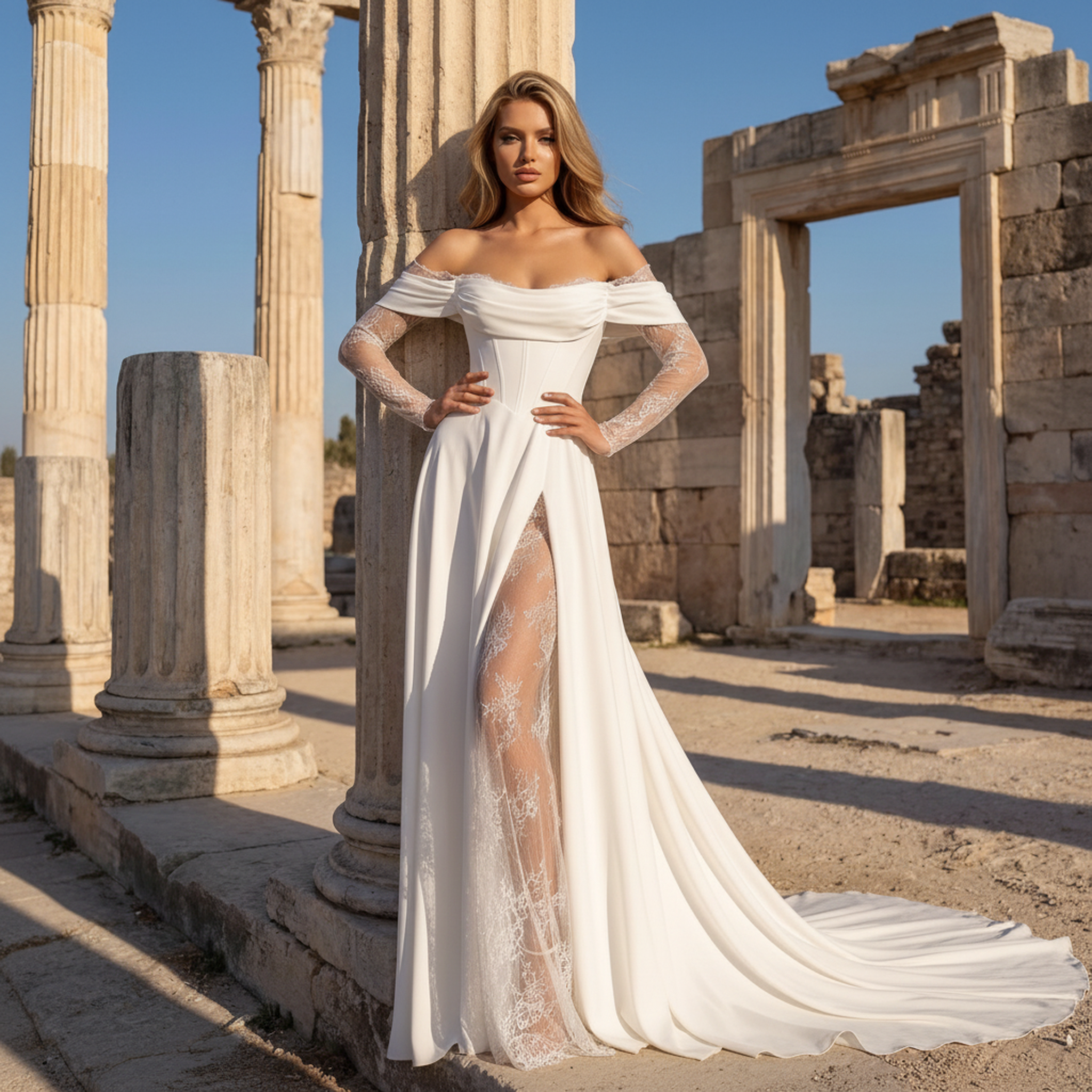 Vestidos de Novia elegantes de satén con hombros descubiertos, Vestido largo de baile con tren, Vestido de Novia de encaje con abertura para Mujer 2025