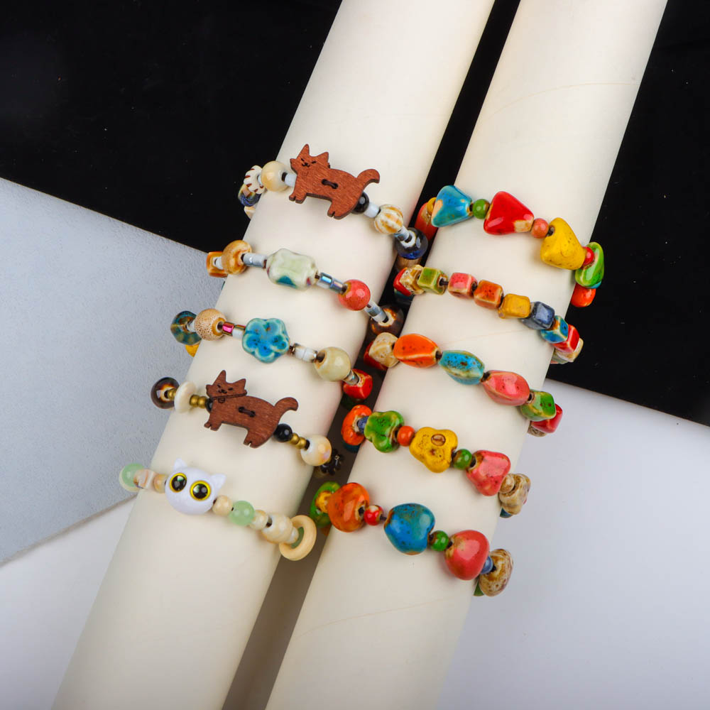 5Pcs/Lot Personalized Versatile Women's Wooden Cat Colored Glazed Ceramic Wristband, Simple Daily Wear With Accessories