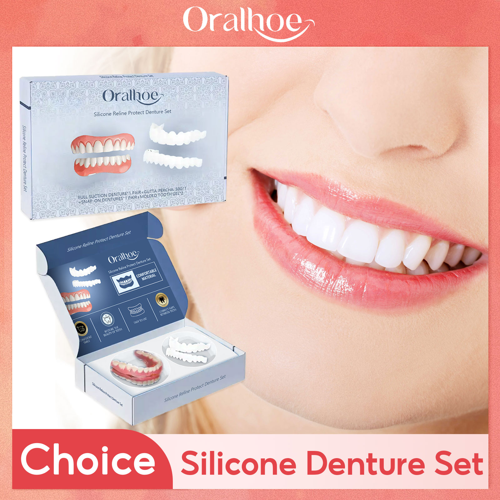 Adjustable False Teeth Kit Temporary Whiten Denture Upper Lower Veneers Comfortable Braces Natural Portable Silicone Fake Teeth