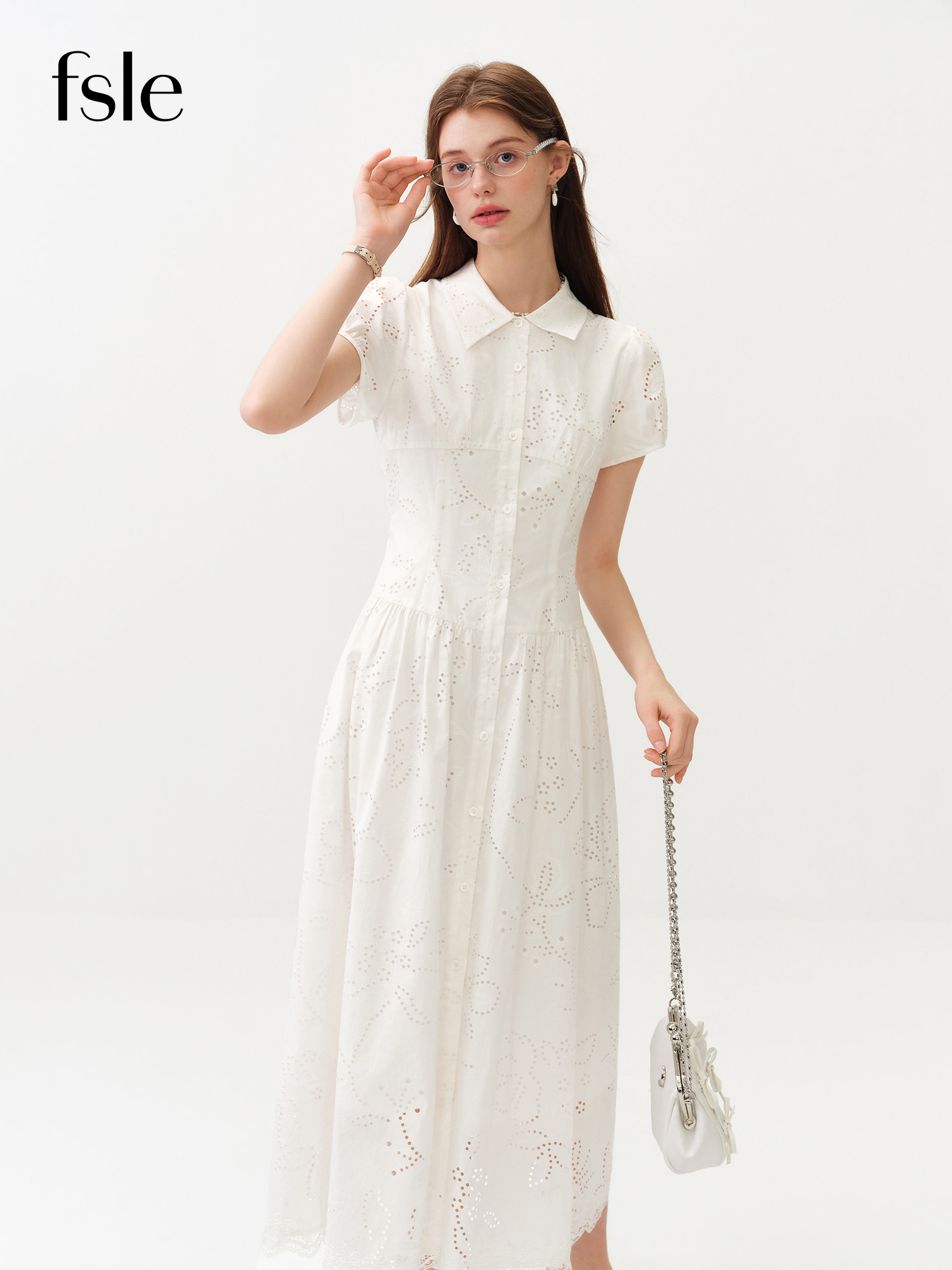 Vestido Camisero de Manga Corta con Cuello de Solapa y Estampado Calado Estilo Francés Ligero de Algodón para Mujer FSLE, Novedad de Verano 2026