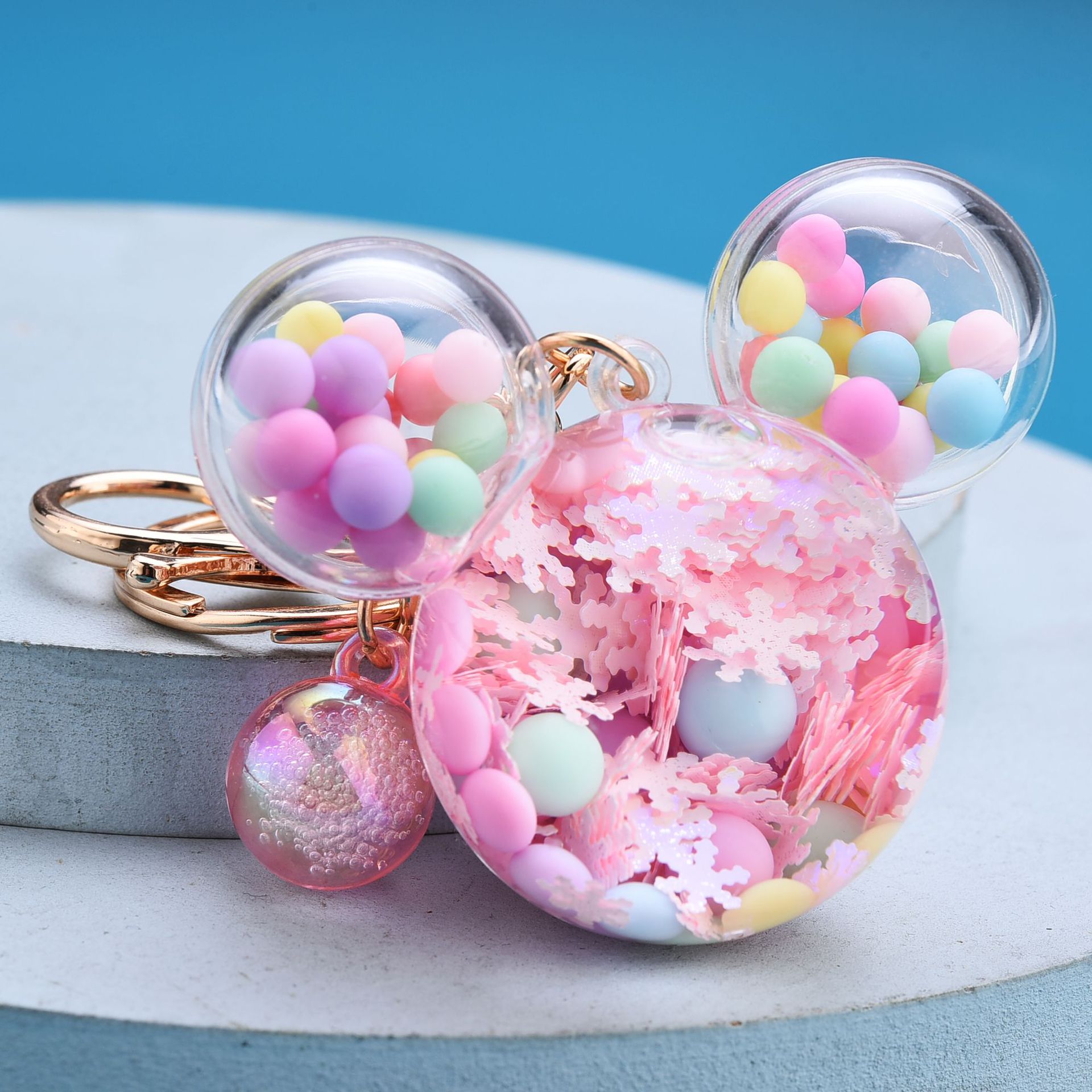 Hadiah Liontin Tas Anak Perempuan Gantungan Kunci Boneka Manik-manik Balon Apung Kartun Gantungan Kunci Kepala Mickey Kepingan Salju Pasir Hisap Kreatif