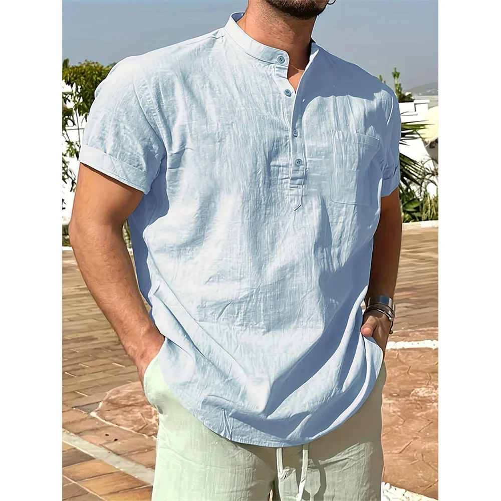 Zomer Hot Sale Heren Katoen Linnen T-shirt Henley Hals Casual Ademend Lichtgewicht Effen Kleur Zak Mode Knop Tops