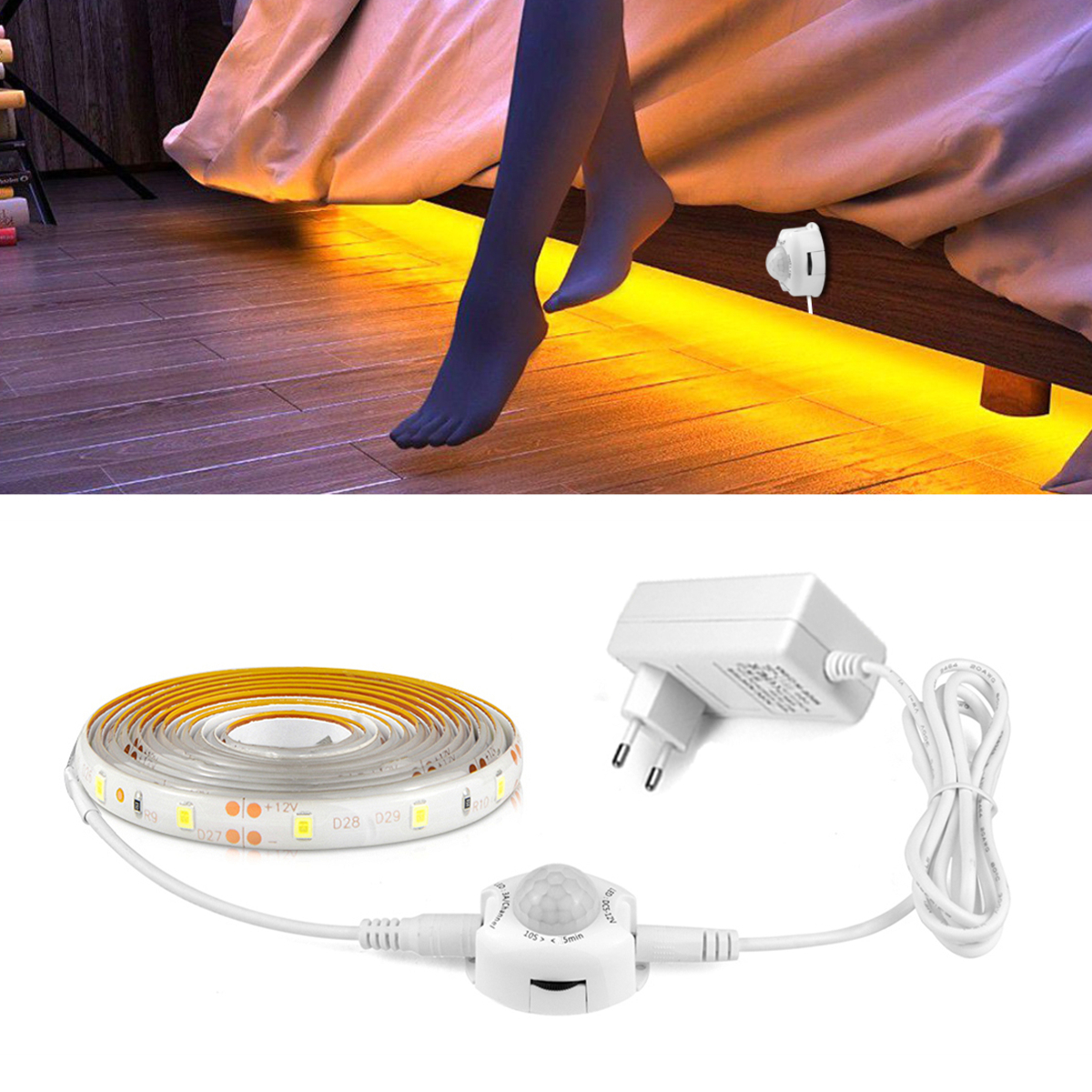 PIR Motion Sensor LED Strip Lights, fita de diodo impermeável, Auto ligado e desligado, escadas, armário, cozinha, luz de fundo, DC 12V, 1 m a 5m