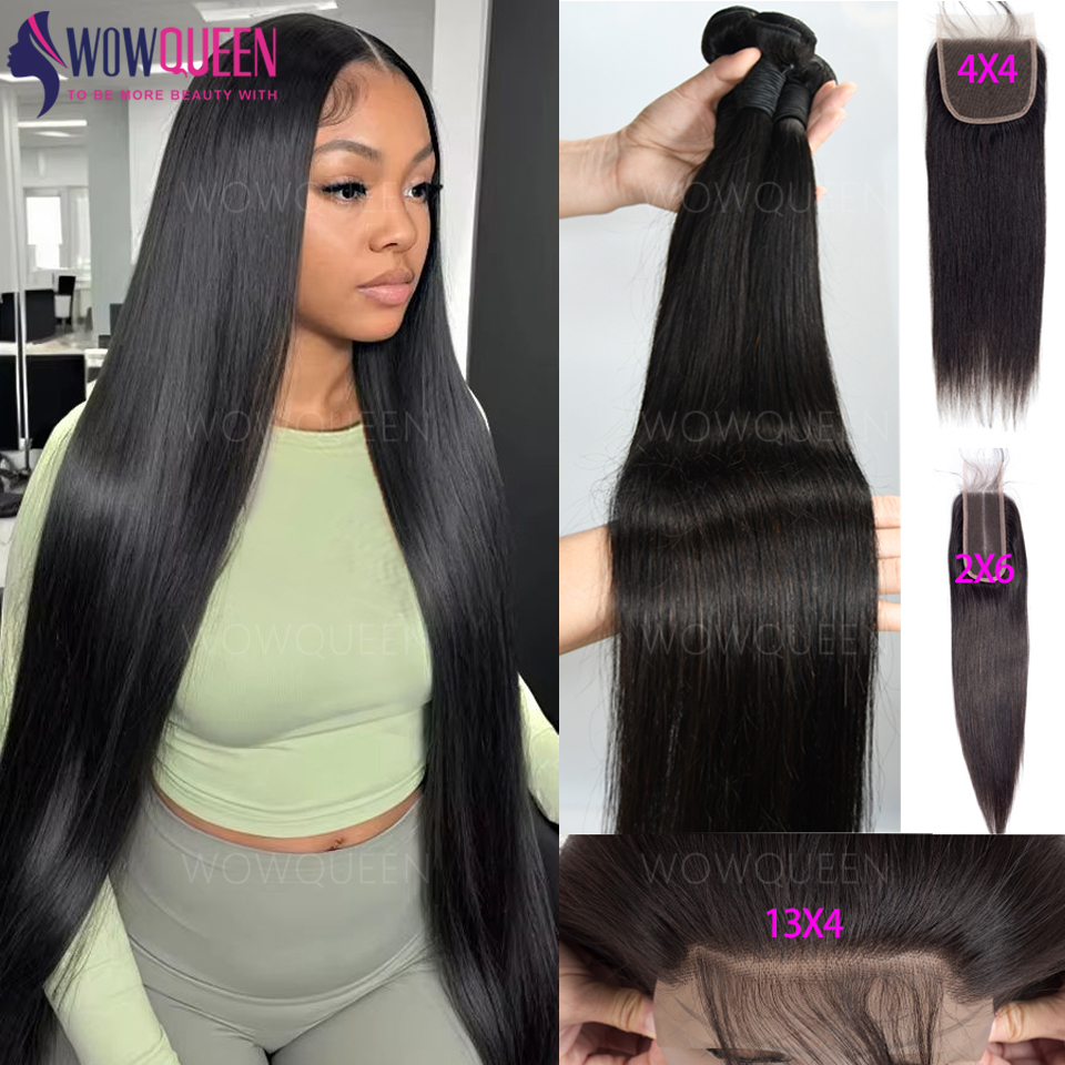 4x4 Lace Closure With Bundles Brazilian Straight Bundles with 2x6 Lace Closure Raw Human Hair Weave Bundles With 13x4 Frontal