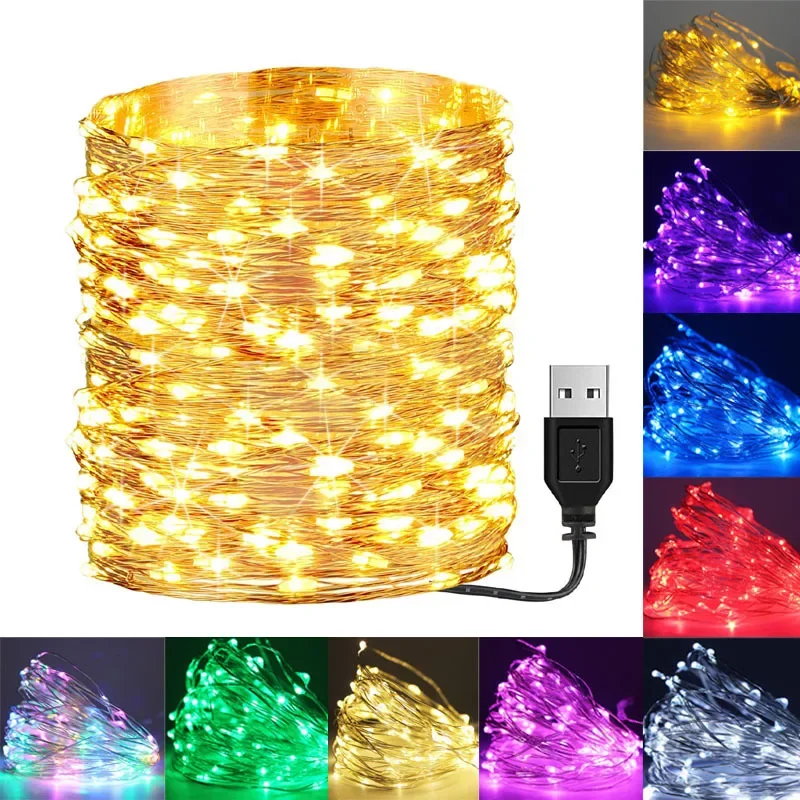 USB Chống Nước LED Dây Đèn 5M 10M Đồng Bạc Dây Cổ Tích Vòng Hoa Ánh Sáng Đèn Cho Giáng Sinh Tiệc Cưới ngày Lễ Chiếu Sáng