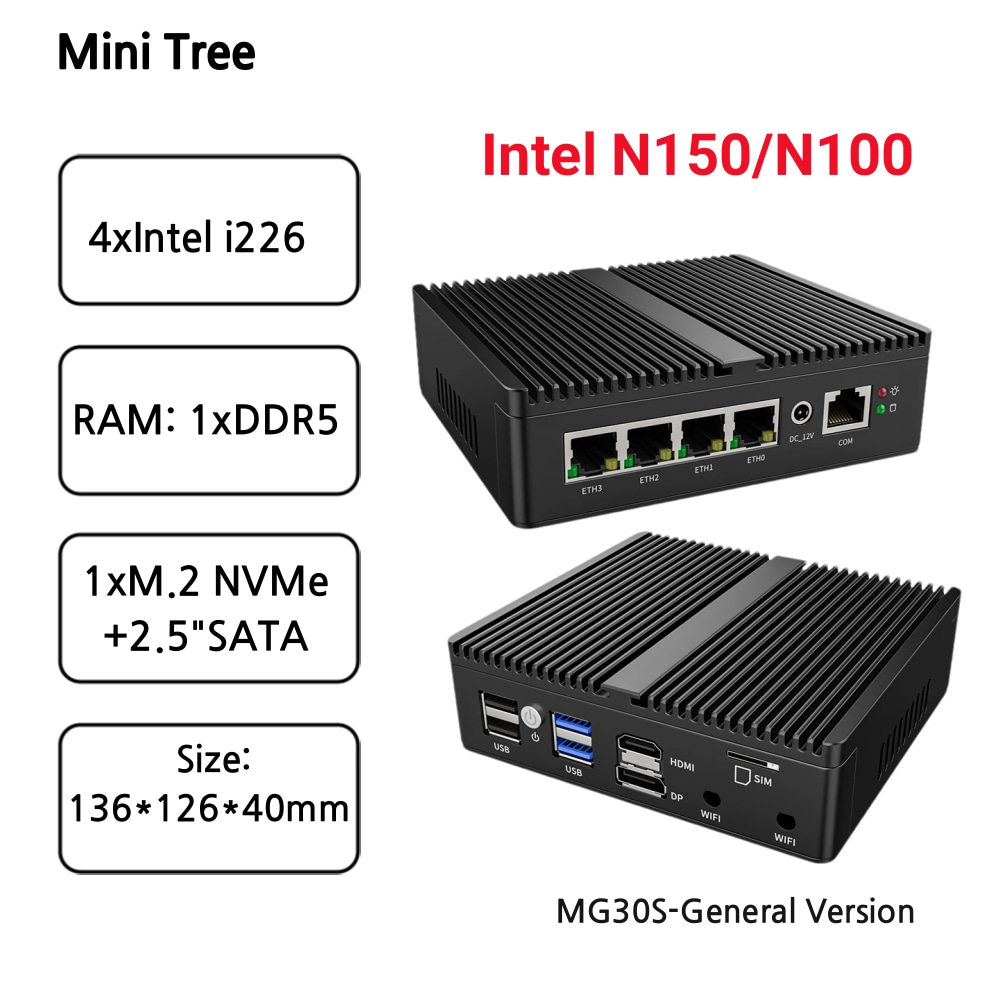 Безвентиляторный мини-маршрутизатор Intel N150 для домашнего офиса 4x2,5G LAN Linux Ubuntu Компактный промышленный мини-бокс-компьютер 8G DDR5 128 ГБ SSD 4G SIM