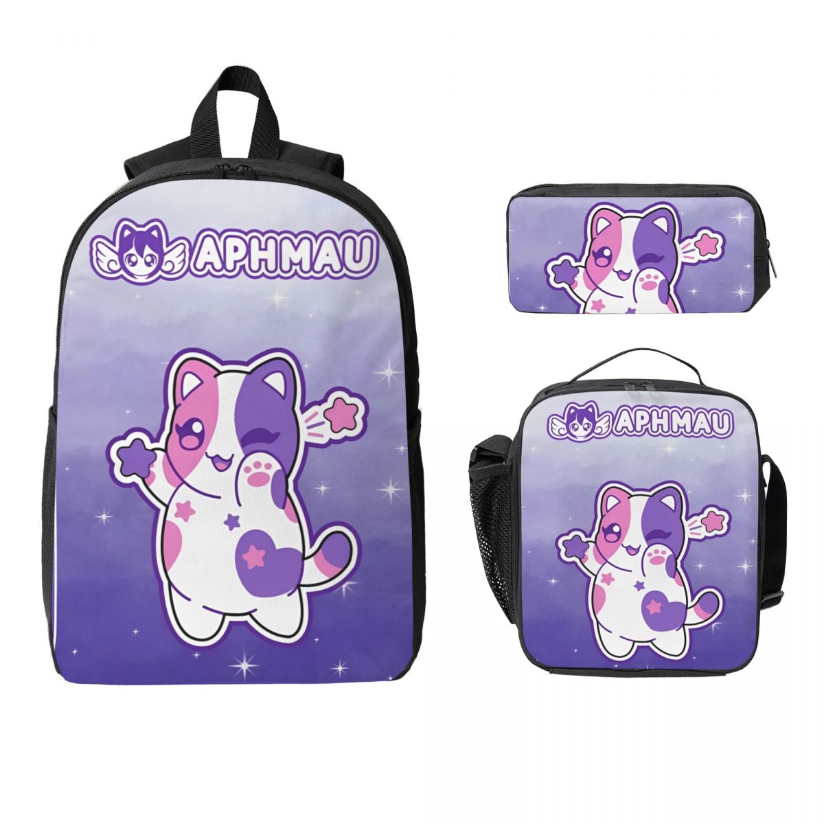 3Pcs APHMAU Kawaii Cats School bags Set for Kids Pen Bags Backpack Sets with Lunch Box For School Students Daypack