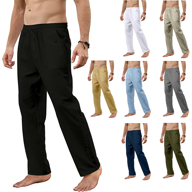 Calças de linho de algodão masculino solto respirável casual cor sólida calças compridas tamanho grande streetwear fitness leve yoga