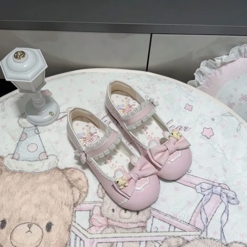 Women's Lolita Low Heel Pumps, Round Toe Ballet Style Leather Shoes, Bow Suitable for Daily/Cosplay/Party Wear.