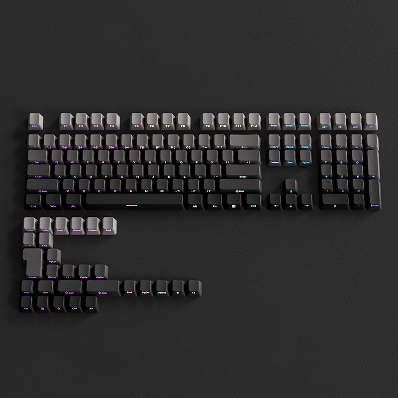 OEM โปรไฟล์ไล่ระดับสีด้านข้างพิมพ์ Shine ผ่าน Keycaps PBT Double Shot Keycap สําหรับ Mechanical Gamer คีย์บอร์ดสีดําสีเทา Key Caps
