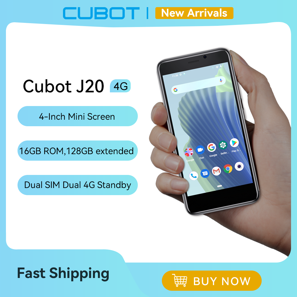 Cubot J20, смартфон на андроид 12, 4-дюймовый мини экран, 16 / 32 ГБ ПЗУ (128 ГБ расширено), две SIM-карты 4G, батарея 2350мАч, задняя камера 5 МП, Wifi, Bluetooth, GPS, Face ID