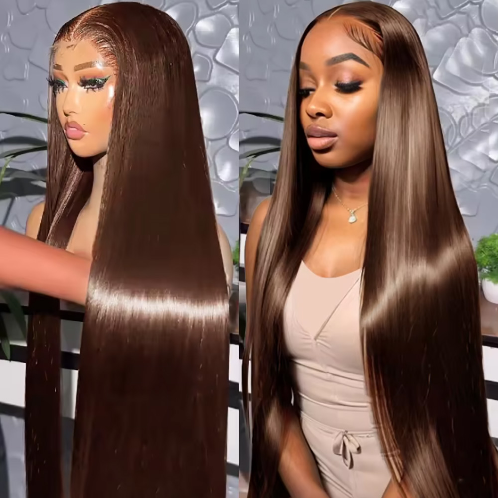 Peluca de Cabello Humano Virgen Brasileño Liso Sedoso Marrón Chocolate, Frontal de Encaje Transparente HD 13x6, Parte Profunda de 6 Pulgadas, Pre-arrancada, con Baby Hair, Sin Pegamento, de Fácil Colocación, Aspecto Natural, Peluca Diaria para Mujeres Neg