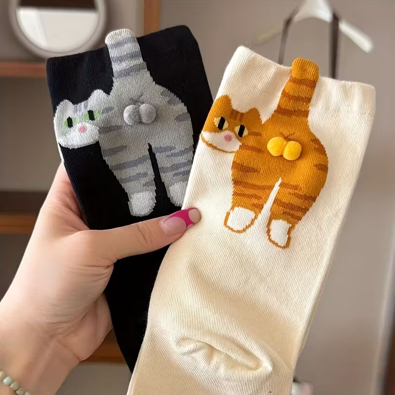 Cartoon Cat and Dingdong Egg Pattern  Maternity Couple Socks for Spring and Summer Medium-Cut Daily Wear Ins Style Women’s Socks