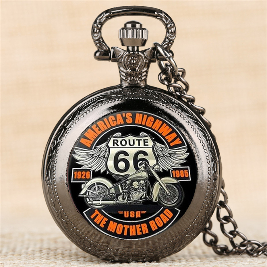 Legal moto relógio de bolso elegante requintado com colar corrente a mãe estrada rota 66 masculino relogio melhor presente