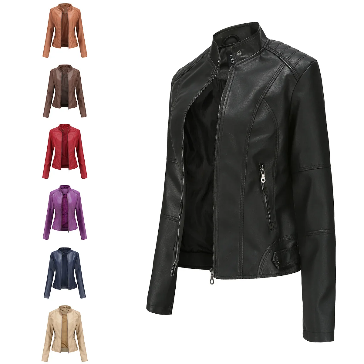 Jaqueta de couro com gola de stand feminino, manga cheia, ajuste fino, zíper, casacos de emenda, casual, senhora elegante, rua alta, outono, 2022