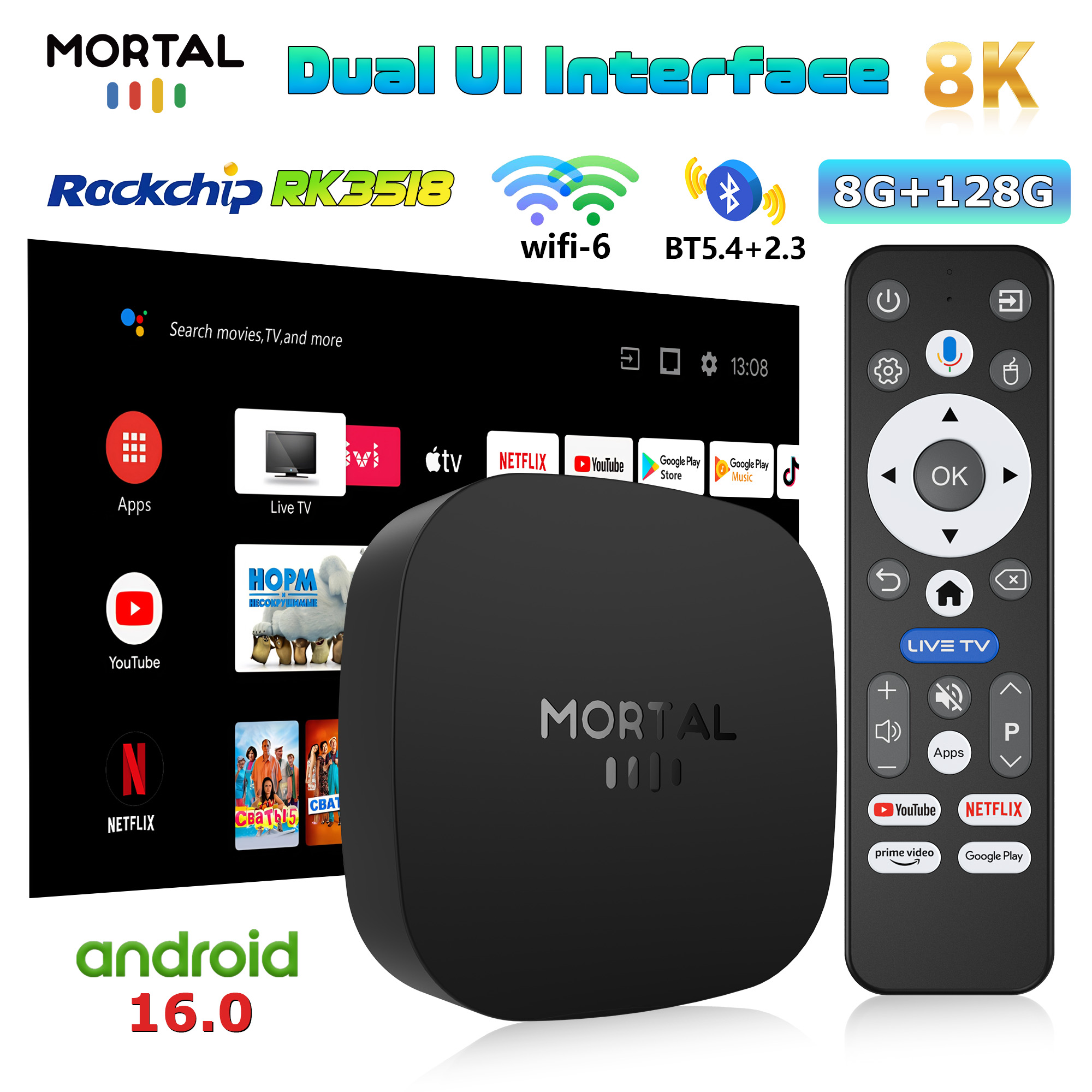Mortal Smart TV Box 8GB 128GB Android 16 ATV 8K RK3518 Control por voz con Asistente de Google Vídeo 4K HDR10 T1+ Reproductor multimedia