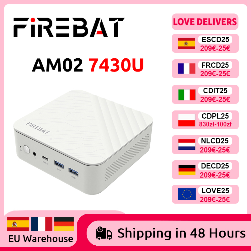 FIREBAT AM02 MINI PC AMD Ryzen 5 7430U Windows 11 Mini PC 16GB DDR4 3200MHz 512GB SSD Wifi 6 BT5.2 HDMI 2.1 Desktop Computer