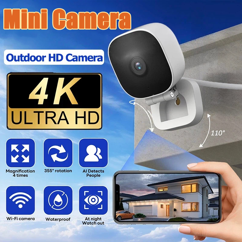 Mini Cámara Inalámbrica 4K HD, Cámaras Web de Gran Angular, Monitoreo Interior con Aplicación, Versión Nocturna, Audio Bidireccional, Cámara Impermeable IP65 ﻿   2026