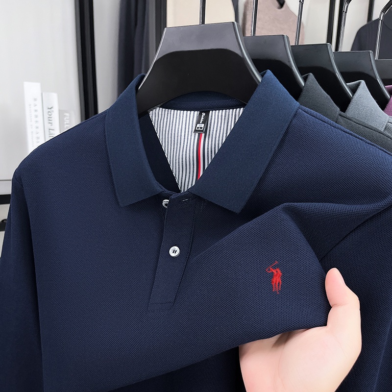 เสื้อโปโลแขนยาวผู้ชายแบรนด์หรูหรา ผ้าฝ้ายแท้ 100% แฟชั่นฤดูใบไม้ร่วง ดีไซน์ใหม่ ปักลายม้าโพลีนอย่างหรูหรา เสื้อยืดสำหรับเล่นกอล์ฟ