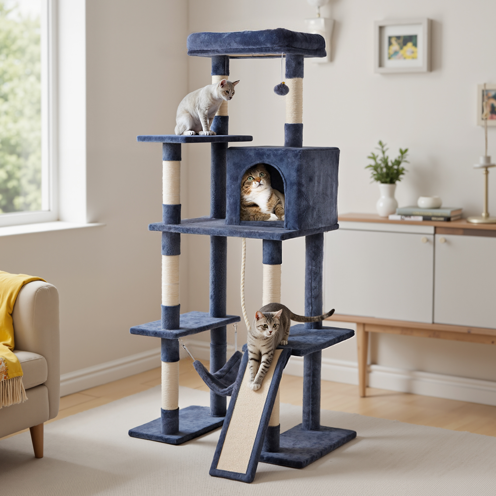 Arbre à chat JHK 63 pouces, tour d'escalade multi-niveaux pour chats, meuble pour animaux de compagnie, poteaux à gratter en sisal naturel, maison stable pour chat d'intérieur