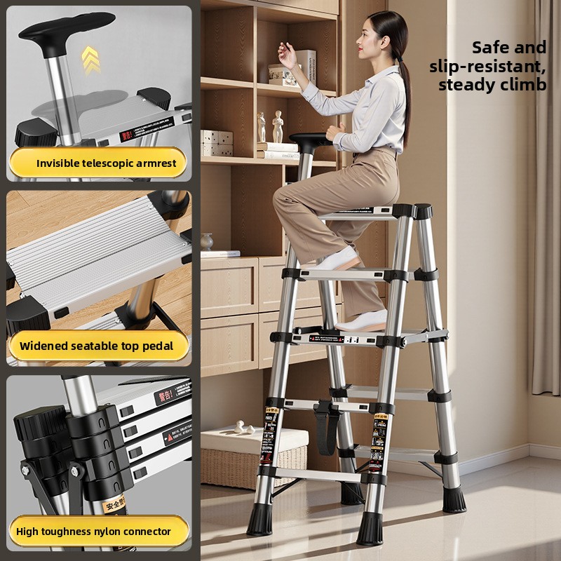 New stainless steel double handrail ladder, household folding telescopic ladder, portable folding ladder, anti slip step ladder