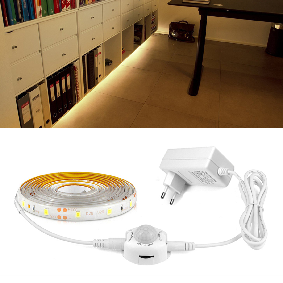 Armário de luz led 1m-5m com sensor de movimento pir luz noturna 12v 2835 tira led para cozinha quarto banheiro escada lâmpada inteligente