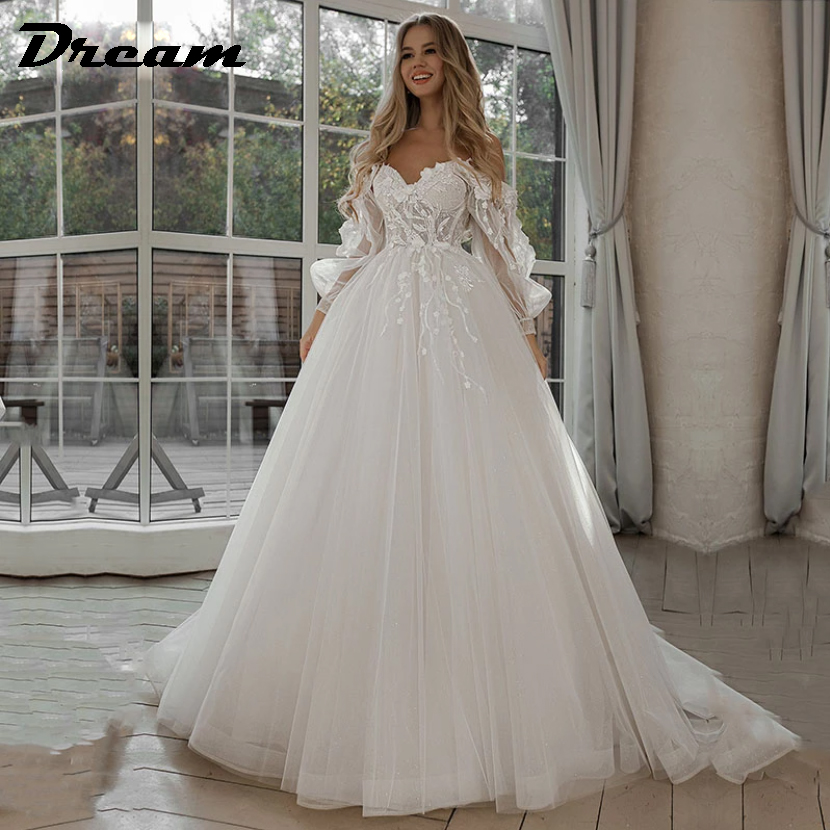드림 맞춤형 오프 숄더 레이스 반짝이 웨딩 드레스 긴 퍼프 슬리브 3D 꽃 Boho 신부 가운 2025 Vestidos De Novia