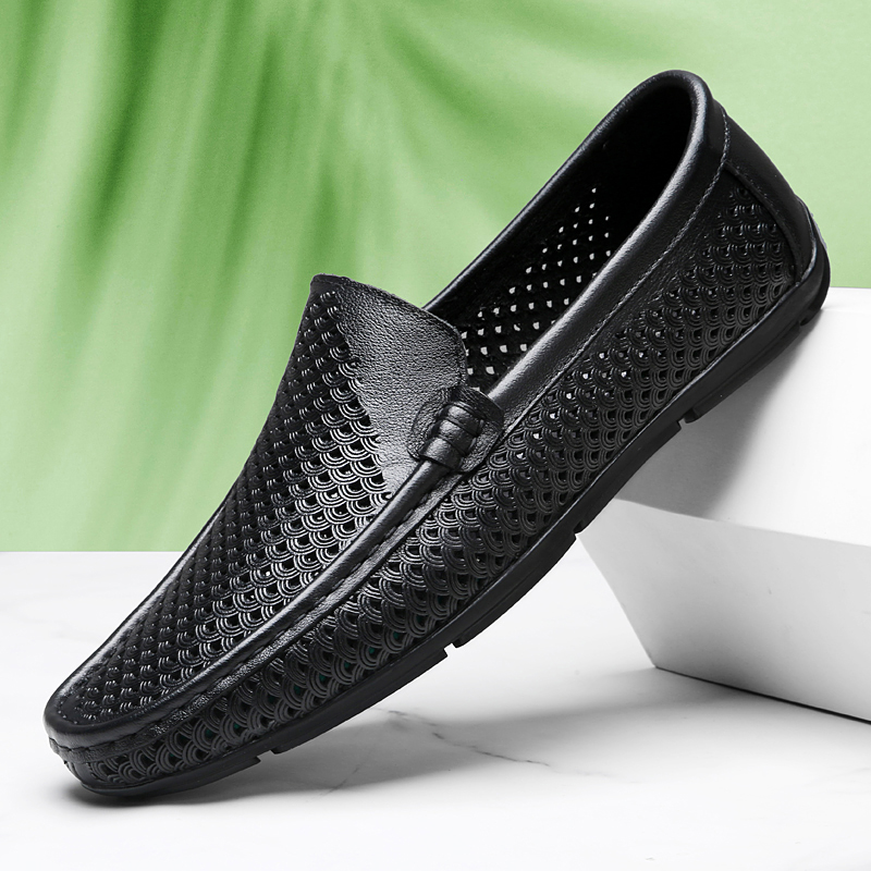 Zapatos de conducción transpirables de cuero genuino para hombre, mocasines con suela de goma, zapatos informales, zapatos planos sin cordones, mocasines huecos para hombre