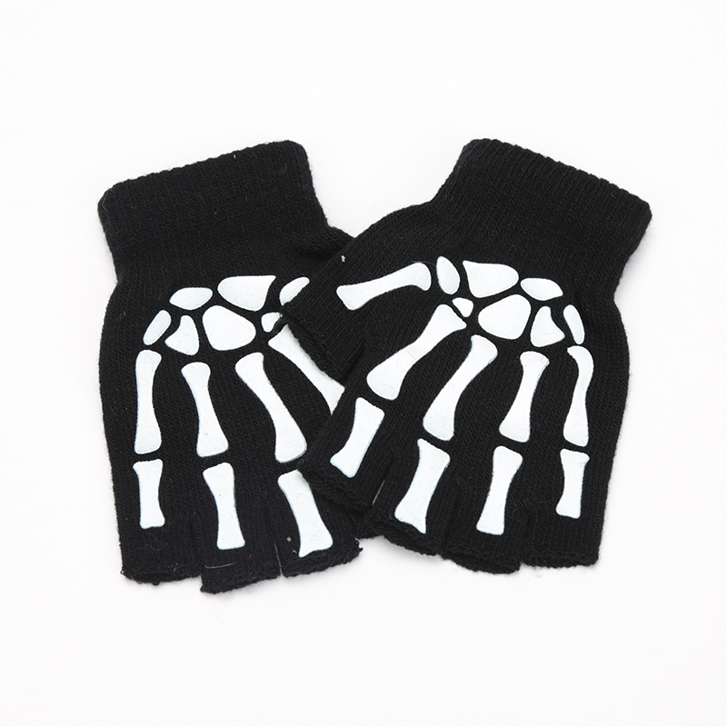 Novo adulto crianças halloween esqueleto crânio meio dedo luminoso punk luvas de inverno crânio sem dedos preto mitten