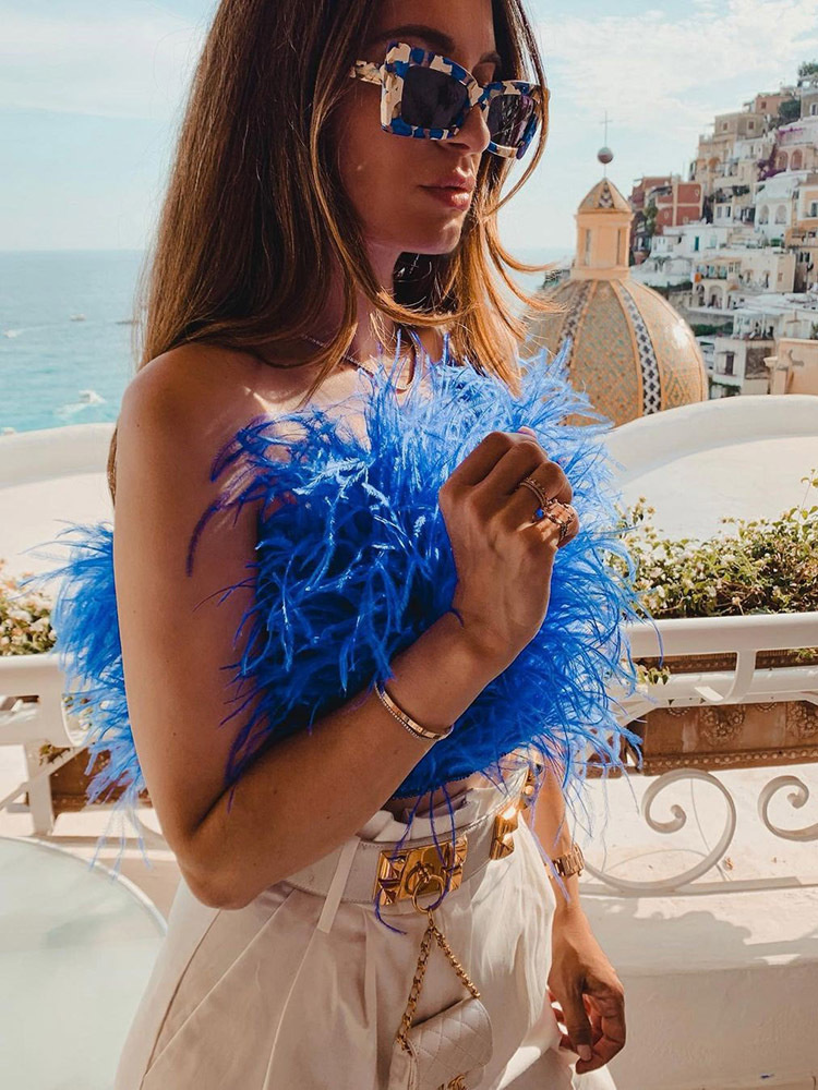 Sujetador de plumas de avestruz peludas para mujer, Top corto de lujo con cremallera, ropa Sexy para boda, 2022
