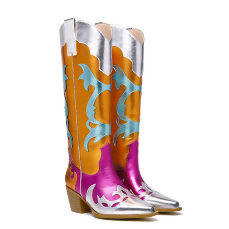 Women's Metallic Western Boots with Pointed Toe, Mid-calf To Knee-high Height, Sparkly and Colorful Design. Stylish Cowgirl Look