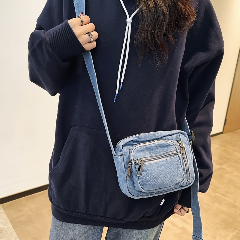 Klassieke Denim Multi Pocket Casual Kleine Schoudertas Met Verstelbare Schouderbandjes Nul Effen Kleur Crossbody Tas