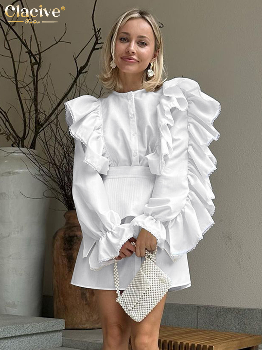 Clacive-Conjunto de 2 piezas de algodón blanco holgado para mujer, conjunto elegante de manga larga con volantes, minivestido con faja para oficina 2023