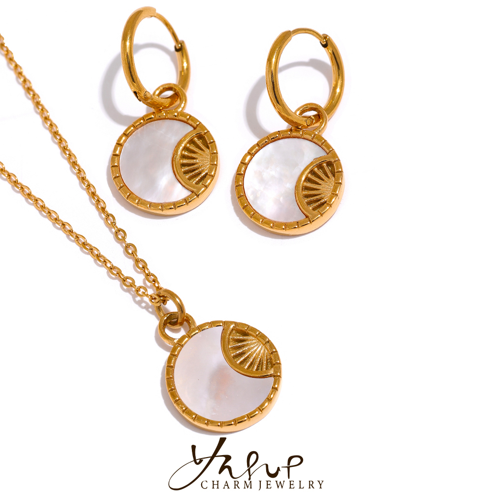 Yhpup Charm Natural Shell gwiazda księżyc okrągły kropla wisiorek naszyjnik ze stali nierdzewnej kolczyki komplet biżuterii damskiej akcesoria