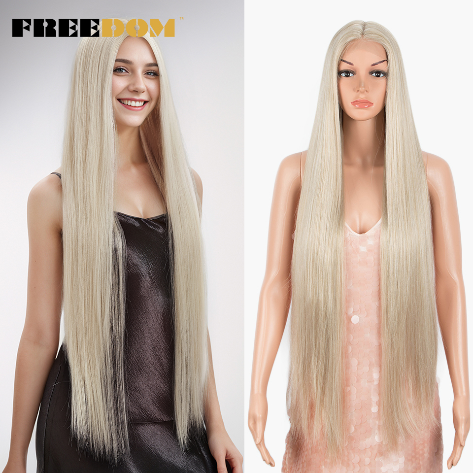 LIBERDADE-Perucas sintéticas frente de renda para mulheres, cabelos lisos, ombre, perucas cosplay longas, loira, peruca rosa, 38 pol