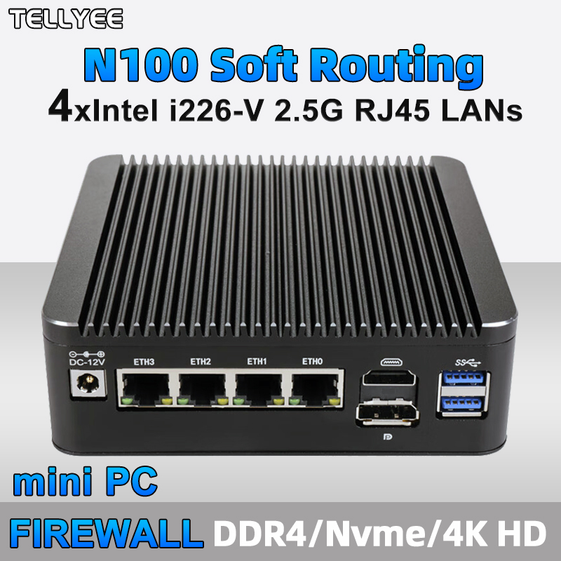 Roteador macio Intel N100 2.5G de 12ª geração 4x i226-V Lans 1 * COM RJ45 Mini PC sem ventilador HD DP USB tipo C pfSense Firewall Appliance PVE ESXi