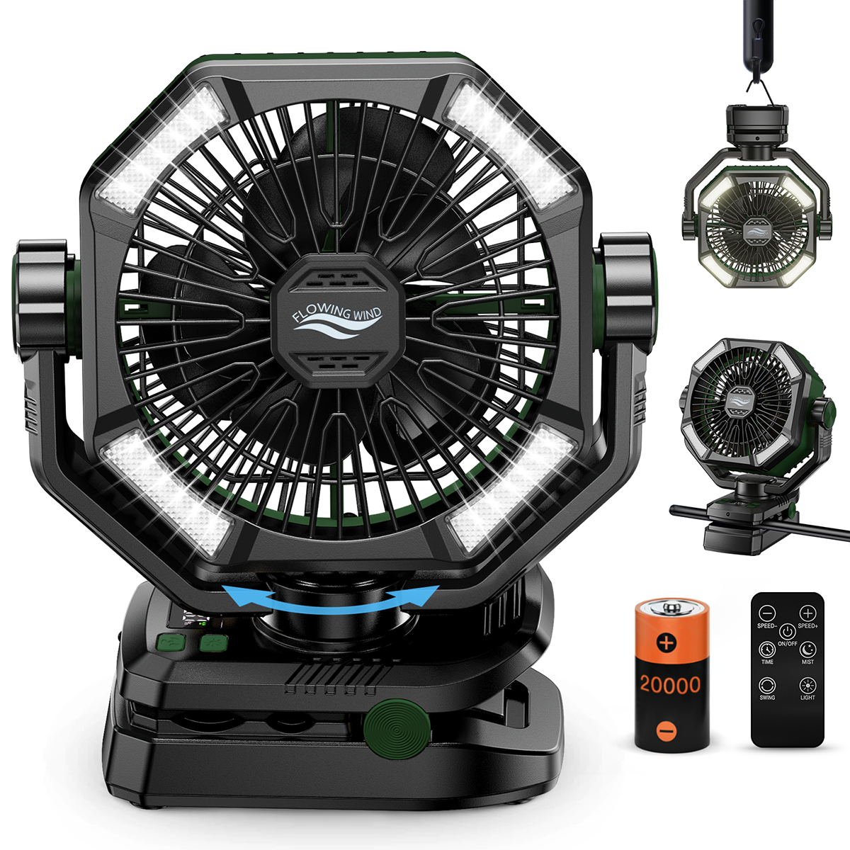 Ventilador de Camping SKYTOO con Motor Dual, Recargable de 20000mAh, con Pantalla Digital y Linterna LED para Camping y Actividades al Aire Libre