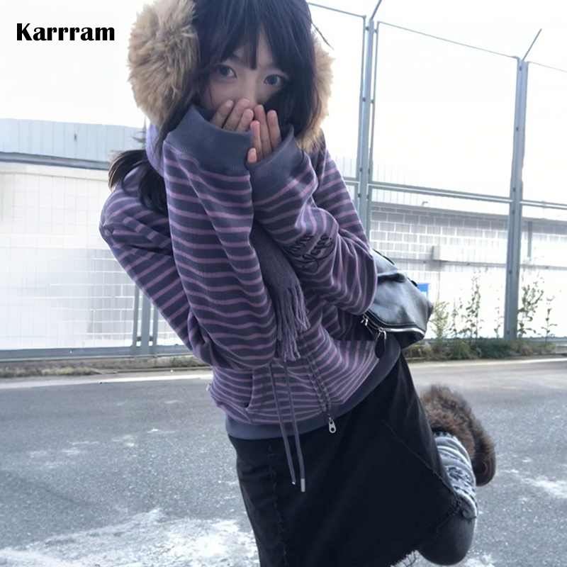 Karrram-cárdigan japonés Y2k a rayas moradas, Chaqueta de punto con cuello alto estilo años 2000, prendas de punto Vintage Harajuku con cremallera, prendas de punto coreanas de los años 90