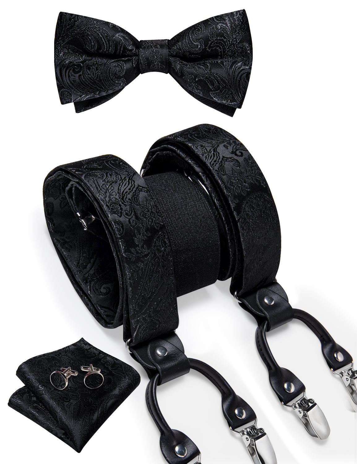Bretelles réglables noires pour hommes, nœud papillon pré-attaché, boutons de manchette carrés de poche en soie, mode 6 Clips mentaux, bretelles Jacquard Paisley