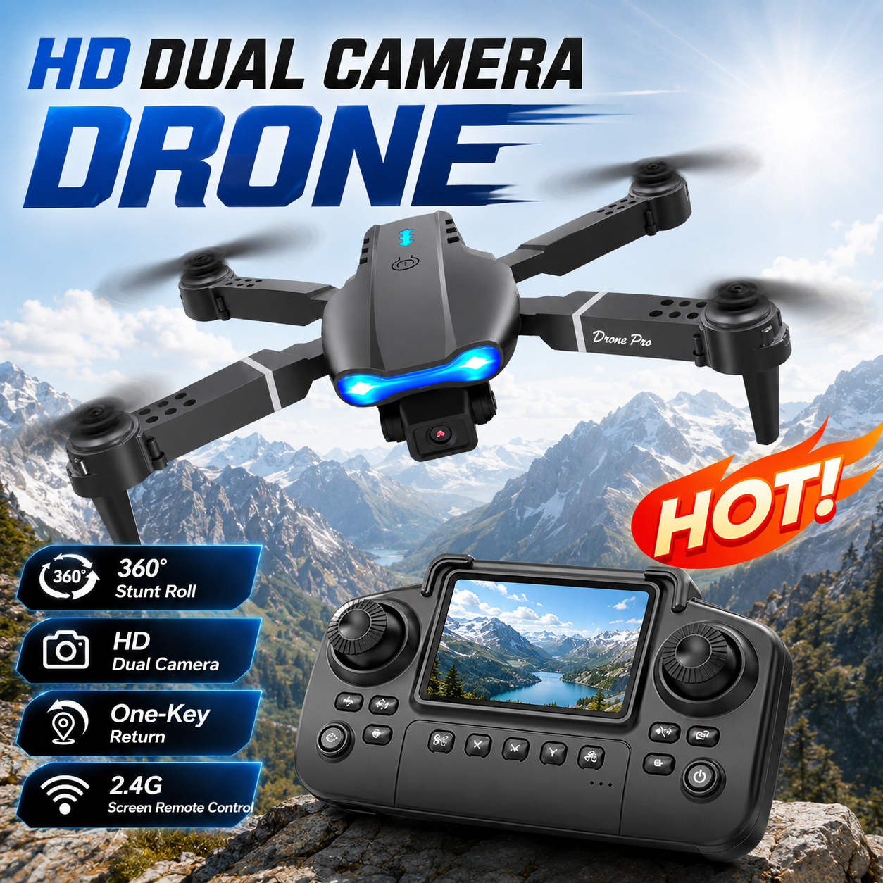 ZNLYRION RC Drone met scherm-afstandsbediening, 4K dubbele camera, optische stroompositionering, obstakelvermijding, opvouwbaar, FPV WIFI APP-besturing, One Key Return, 360° °   Flip Quadcopter speelgoed voor beginners