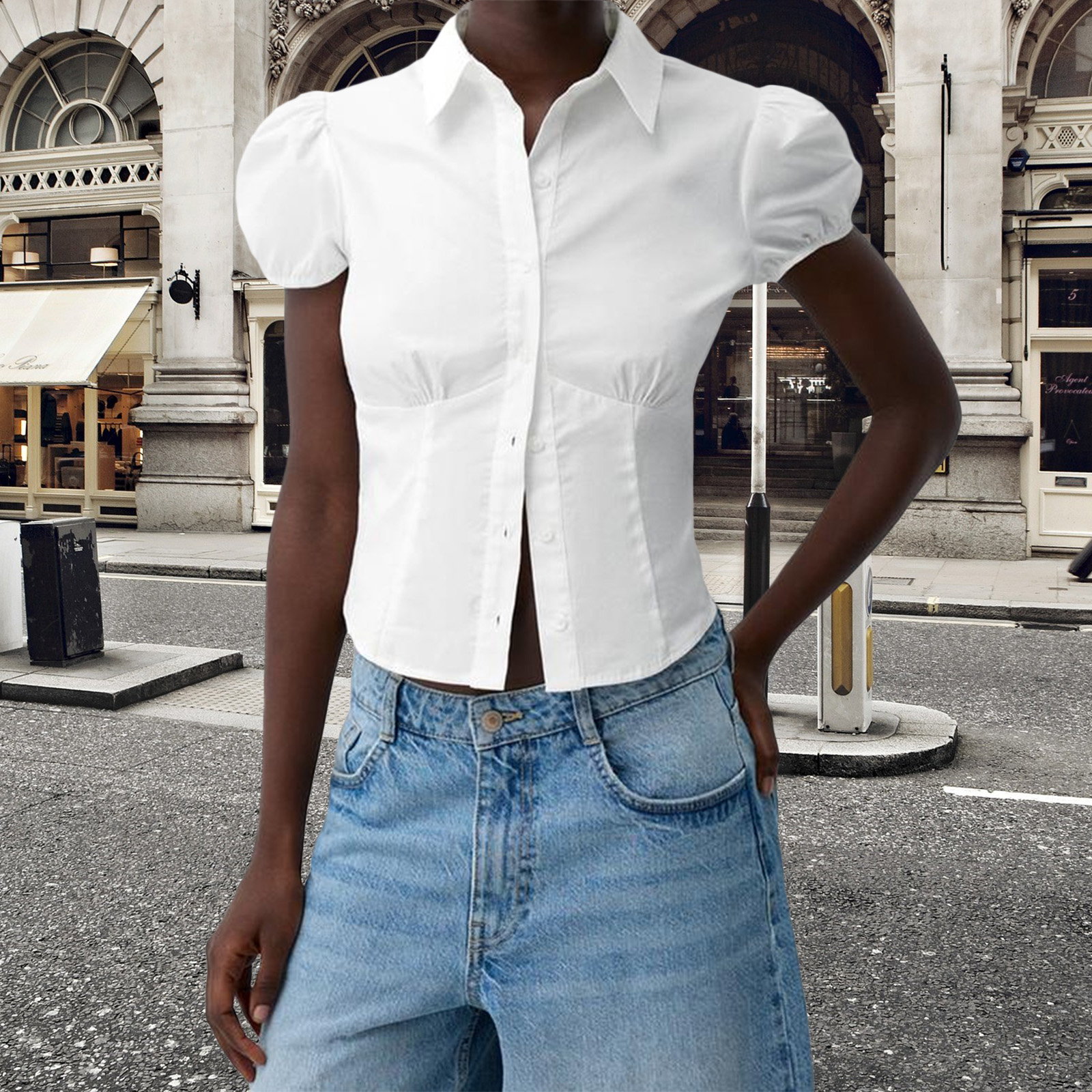 Tops elegantes con botones y estampado de rayas para mujer, camisas ajustadas con cuello de solapa y manga abombada, blusas de verano